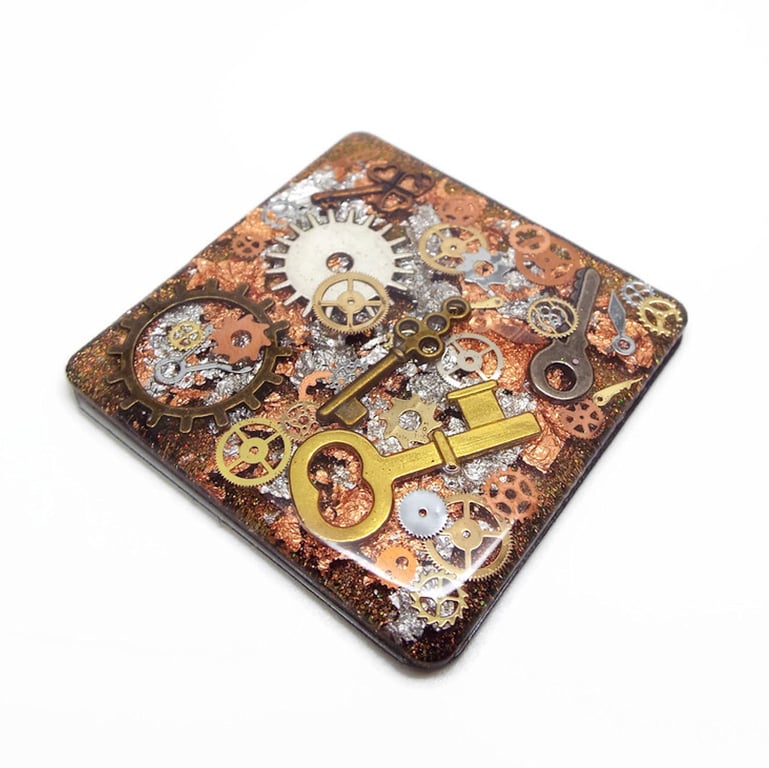 Handmade Steampunk Fridge Magnet, Resin Embedded Cogs and Keys