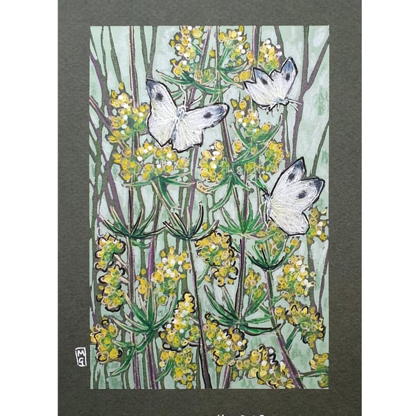 Cabbage White Butterflies with yellow flowers original drawing, insect art