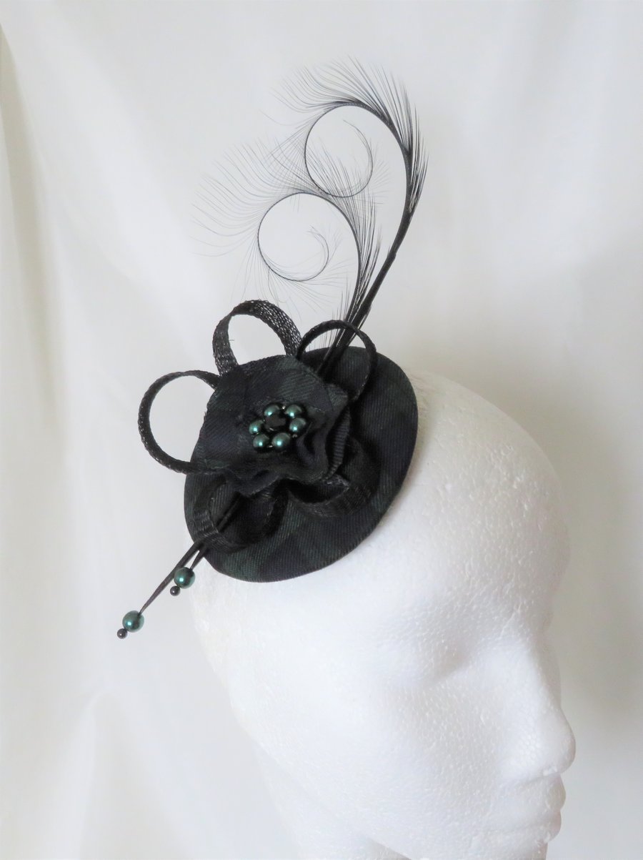 Black Watch Tartan and Feather Sinamay Fascinator Mini Hat 