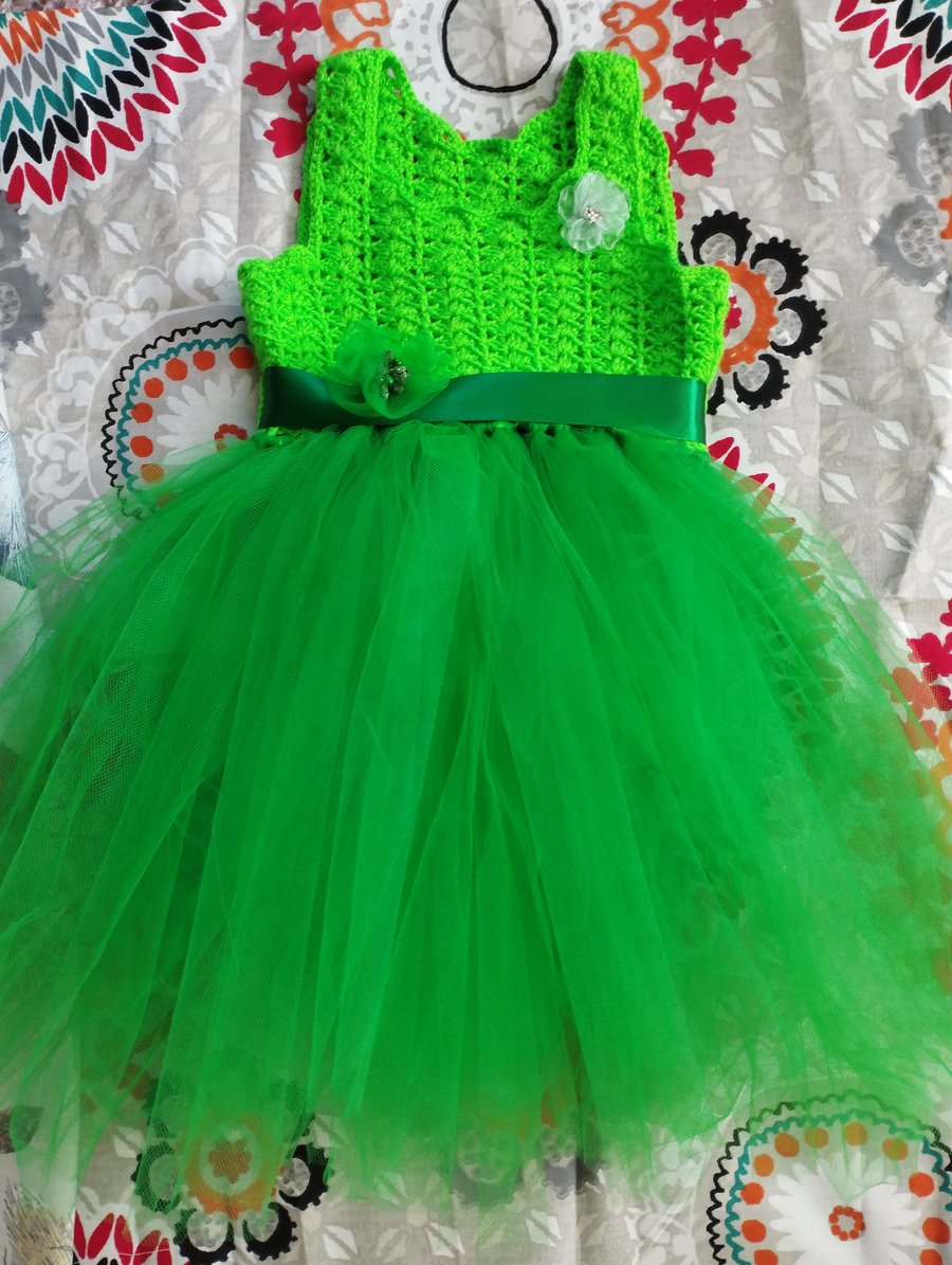 Green crochet dress with tulle skirt 
