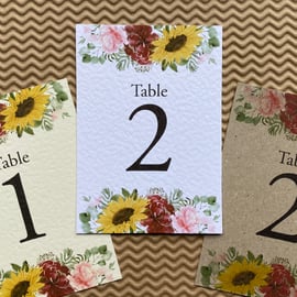 TABLE NUMBERS, Sunflowers and burgundy blush peonies foliage rustic wedding card