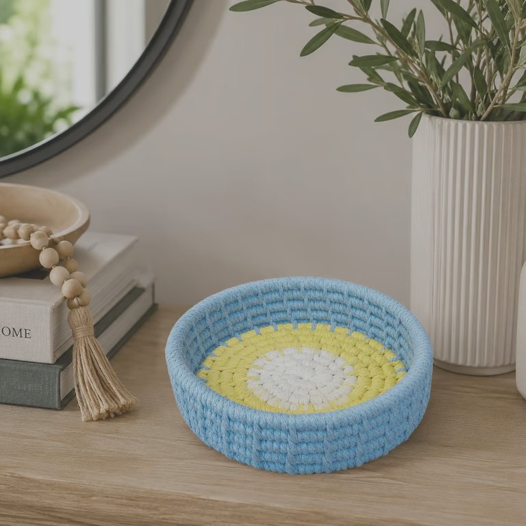 Handmade Coiled Cotton Rope Basket - Blue & Yellow Trinket Tray