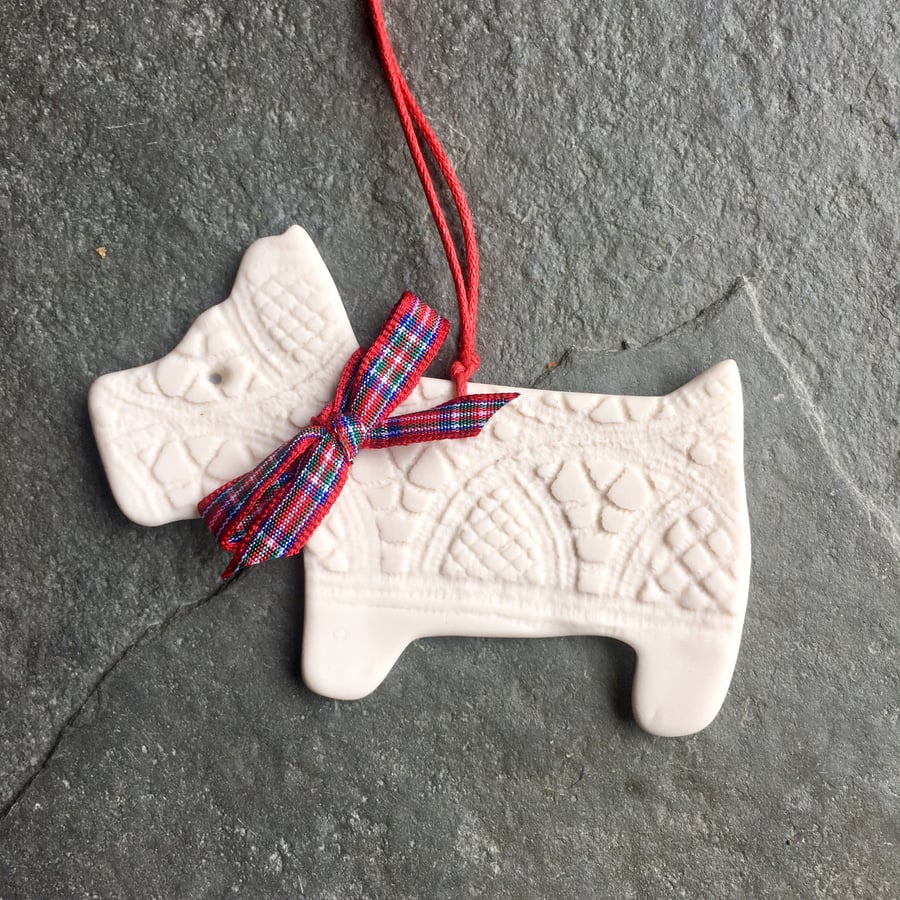 West Highland Terrier, Christmas decoration Stewart tartan Porcelain Menagerie