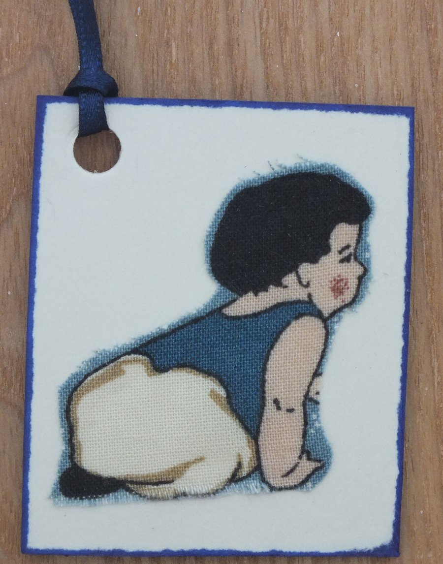Little boy blue - gift tag made using original vintage 1950's material
