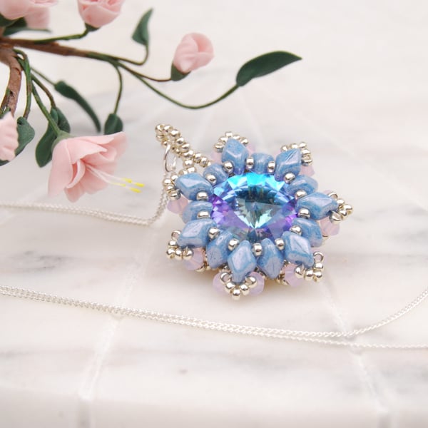 Flower pendant in blue pink and silver, Handmade beaded pendant