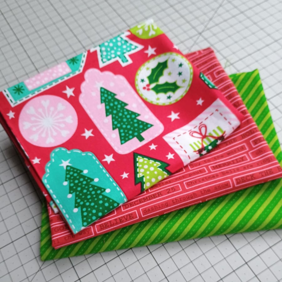 Christmas Quilting cotton fabric remnants - red and green tags, labels, stripes