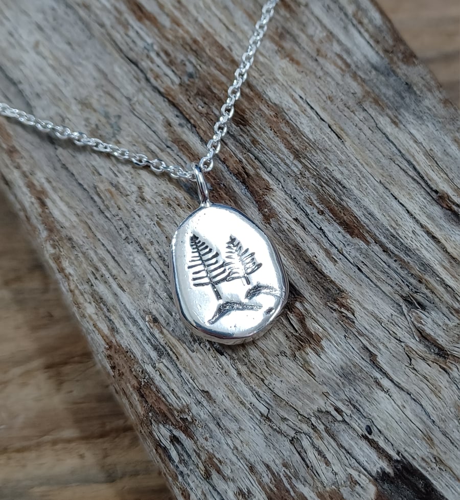 Silver pebble pendant, necklace, nugget, 'alpine trees'