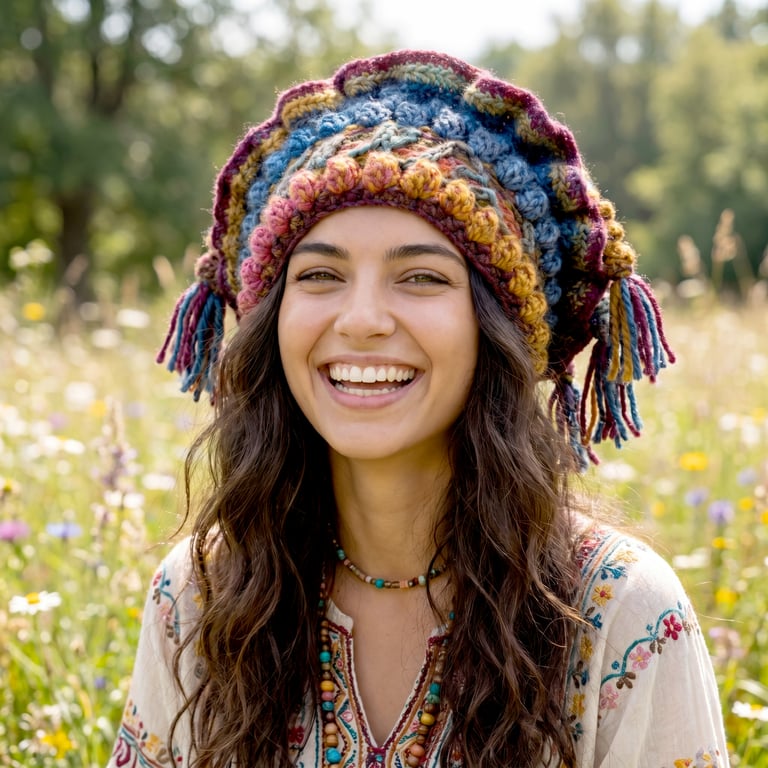 Boho Tribal Bonnet Beanie Hat Festivals Renfaire  Vegan Friendly