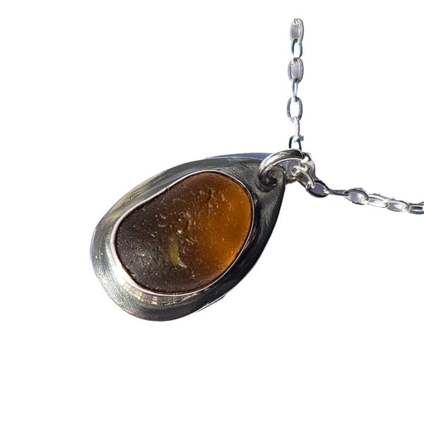 Seaglass Necklace Sterling Silver 925 Jewellery Gift Brown Handmade in Cornwall