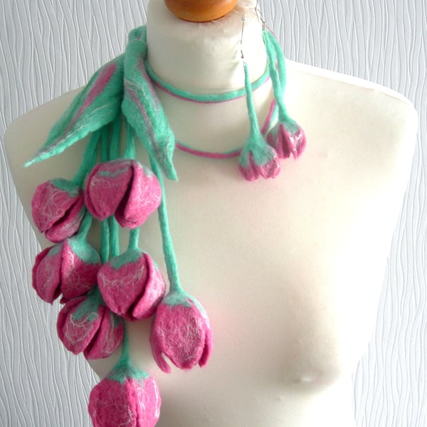 Wool Jewelry felted NECKLACE-SCARF-BELT-EARRINGS-MINT  FRESH-