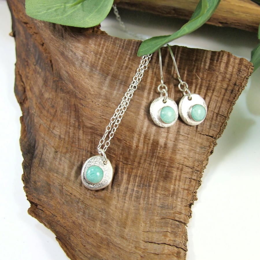Dainty Amazonite Necklace & Earrings. Sterling and Recyced Silver 