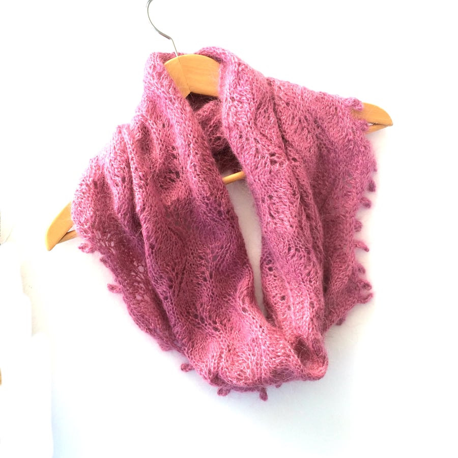 Pink hand knit lace mohair cowl