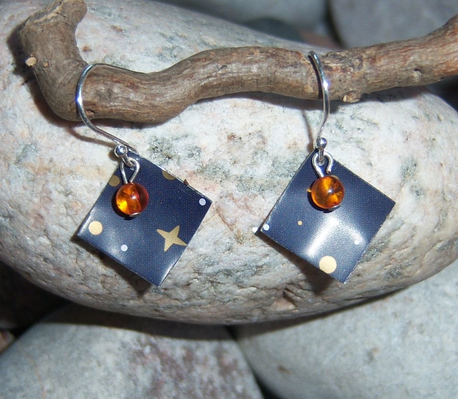 Upcycled tin earrings with amber stone and sterling silver ear wires