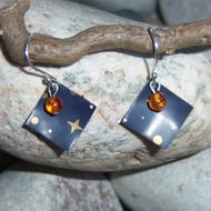upcycled tin earrings with amber stone and sterling silve