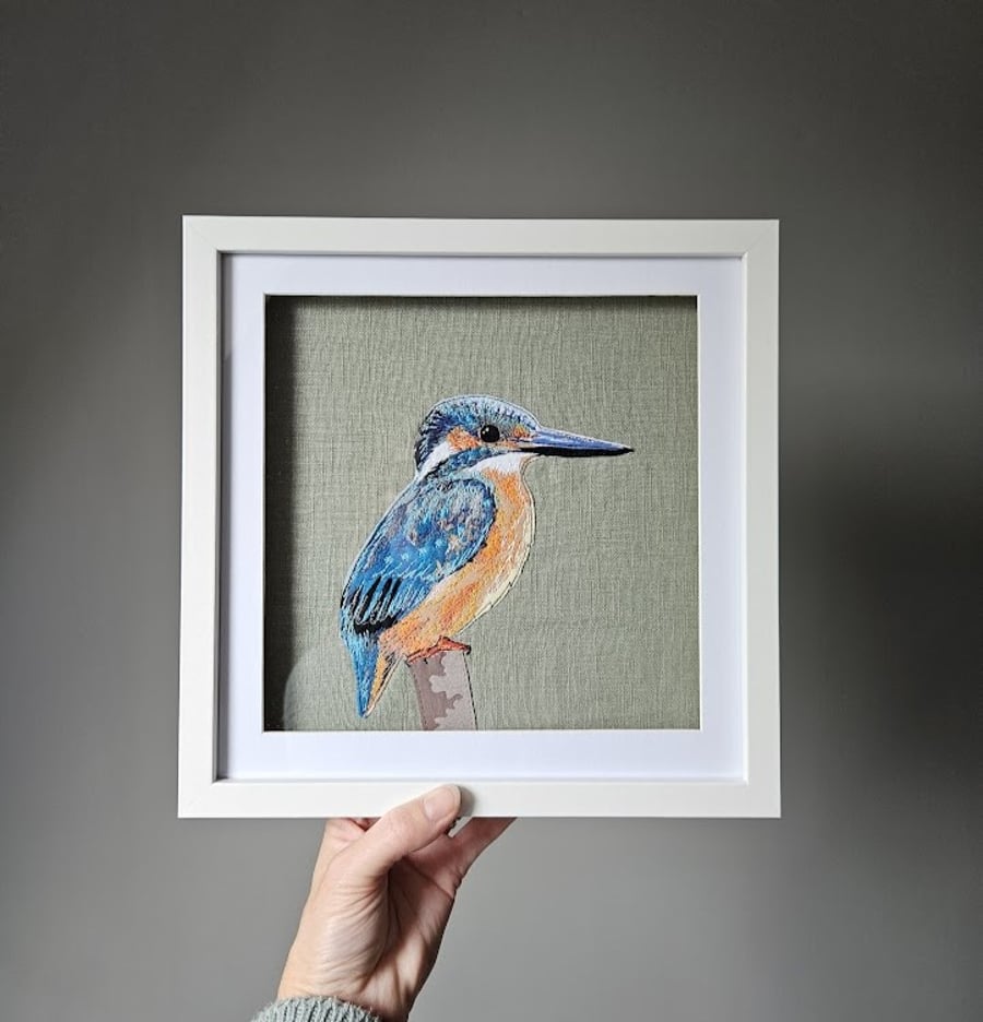Kingfisher on sage linen - framed original embroidered artwork, fabric applique