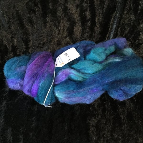 Mobair Hand Dyed Random Merino Wool & Silk Tops Storm Purple Blue Teals