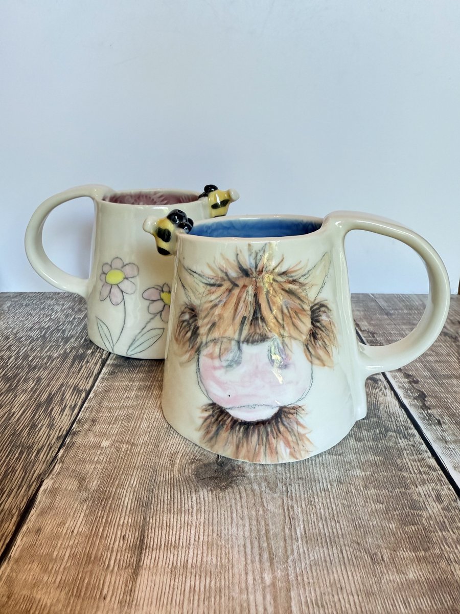 Handmade porcelain highland cow mug. Cup.