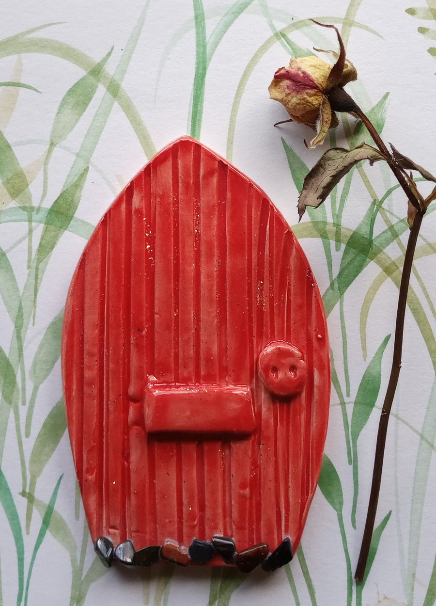 Red ceramic fairy door