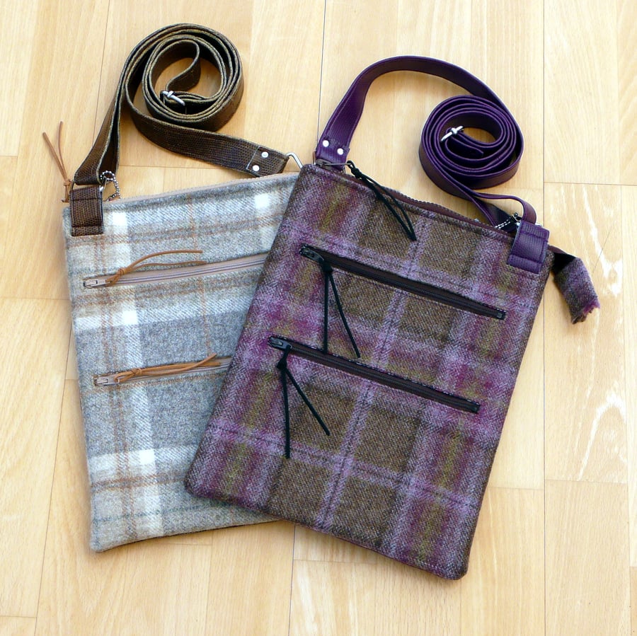 Tweed & vinyl zip top crossbody bag with adjustable strap
