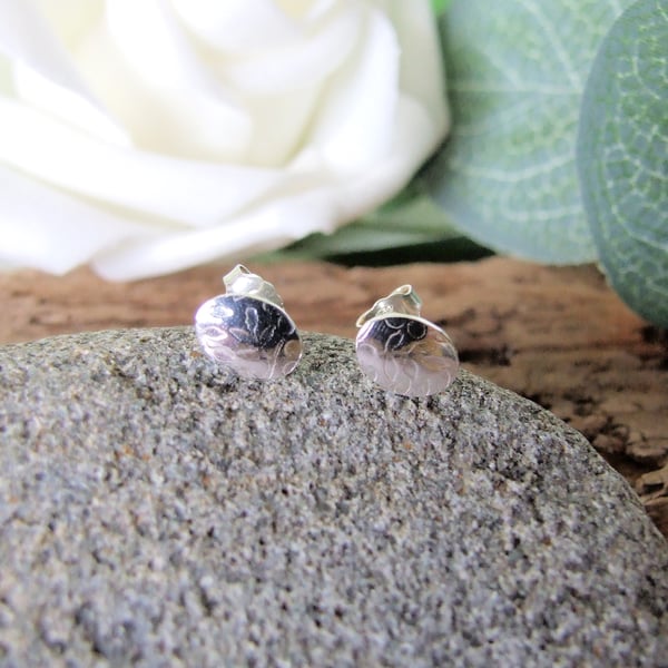 Small Oval Stud Earrings, Recycled Silver Patterned Studs 10mm