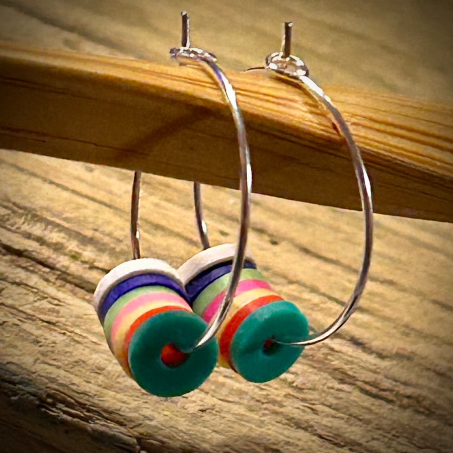 Silver Plated Hoop Earrings with Multicoloured Polymer Beads