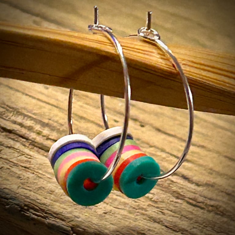 Silver Plated Hoop Earrings with Multicoloured Polymer Beads