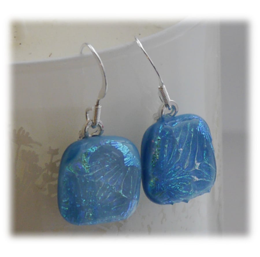 Handmade Fused Dichroic Glass Earrings 186 Turquoise Feather Sparkle
