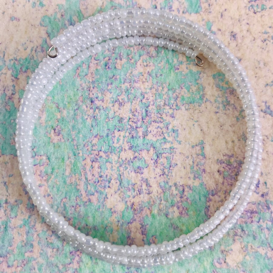 Pearlised White Seed Beaded Memory Wire Bracelet