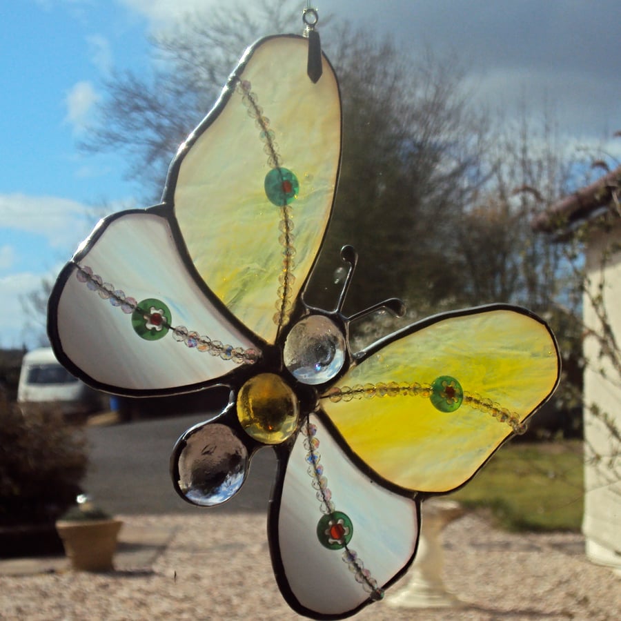 Lemon and white stained glass butterfly 0315