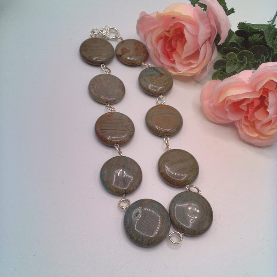 Large Brown Green Blue Jasper Coin Bead Rosary Style Necklace, Gift for Her