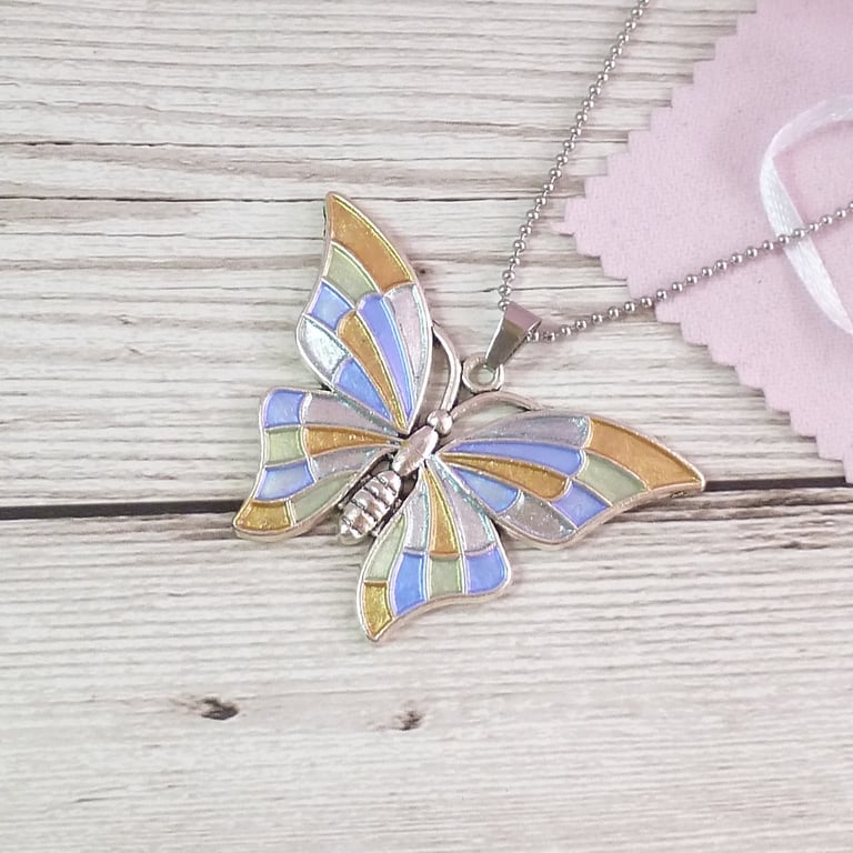 Butterfly pendant in blue, gold and silver, hand painted butterfly necklace