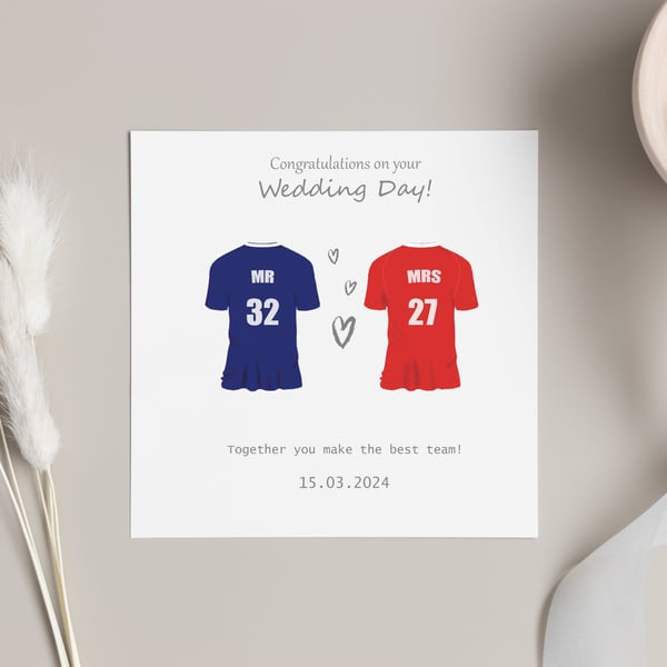 Football shirt Wedding Day Card, personalised with any team, names and date.