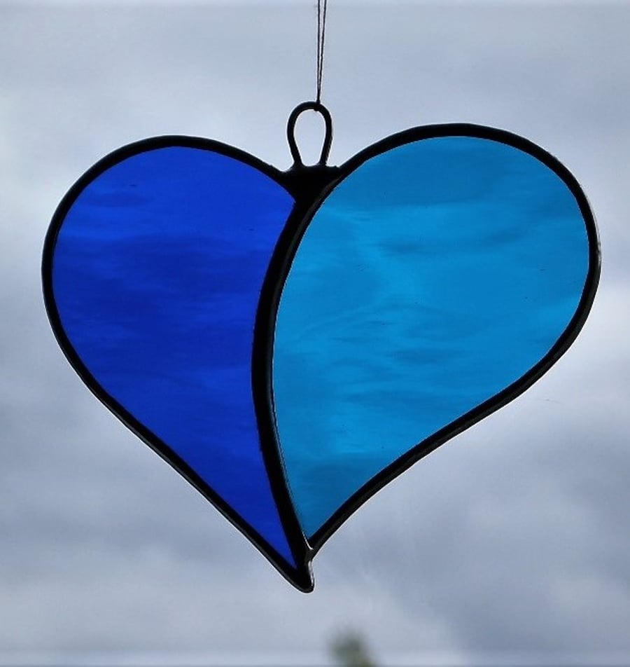 Stained Glass suncatcher Love Heart "When Two Hearts become One" in blues 