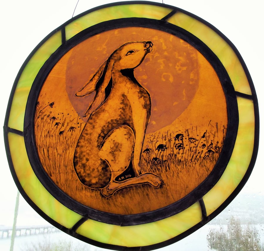 Stained Glass Round Panel - The Hare and the Moon 