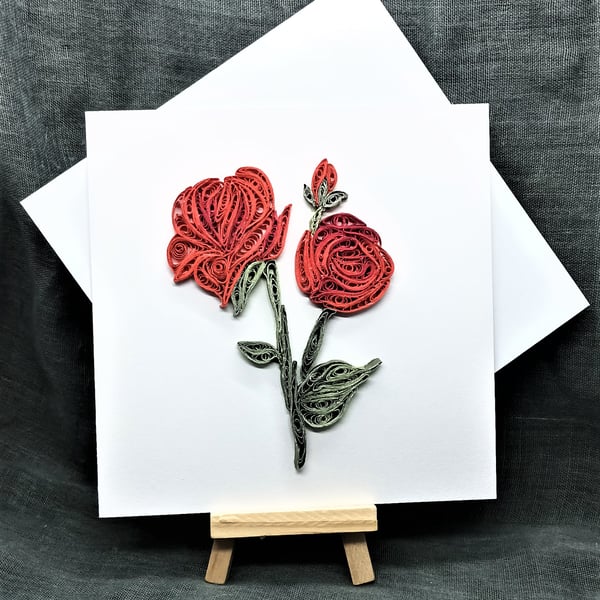 Beautifully quilled red roses open card