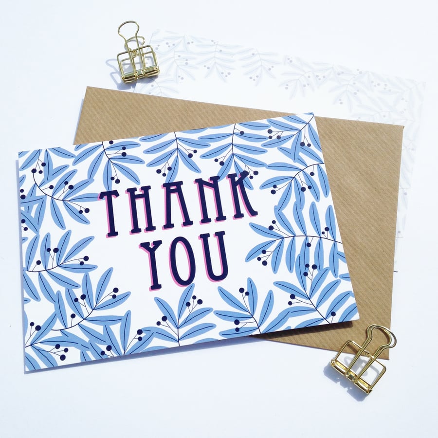 Pack of 10 Thank You Postcards with Brown Kraft Envelopes - Blue Leaves