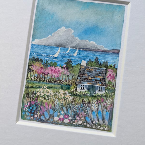 Bayside Cottage - Original miniature. A5 Mounted