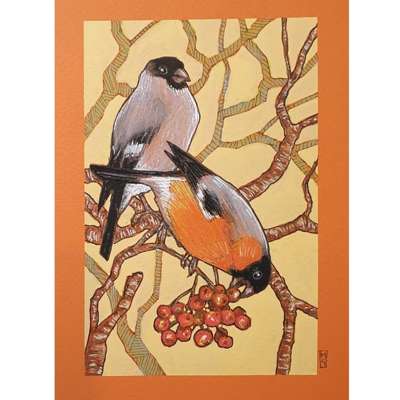 Bullfinches with Autumn Berries, small bird wall art, bird drawing