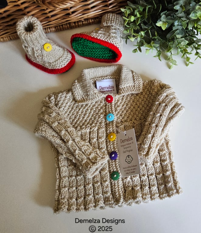 Designer Hand Knitted Cardigan & Booties Set Newborn size