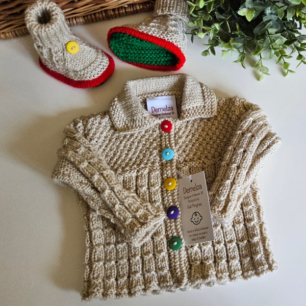 Designer Hand Knitted Cardigan & Booties Set Newborn size