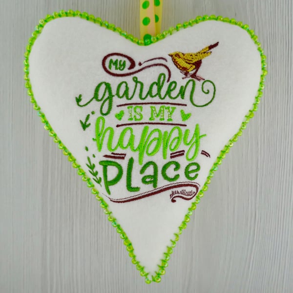 Beaded Felt Heart: Embroidered My Garden 6” (15cm)