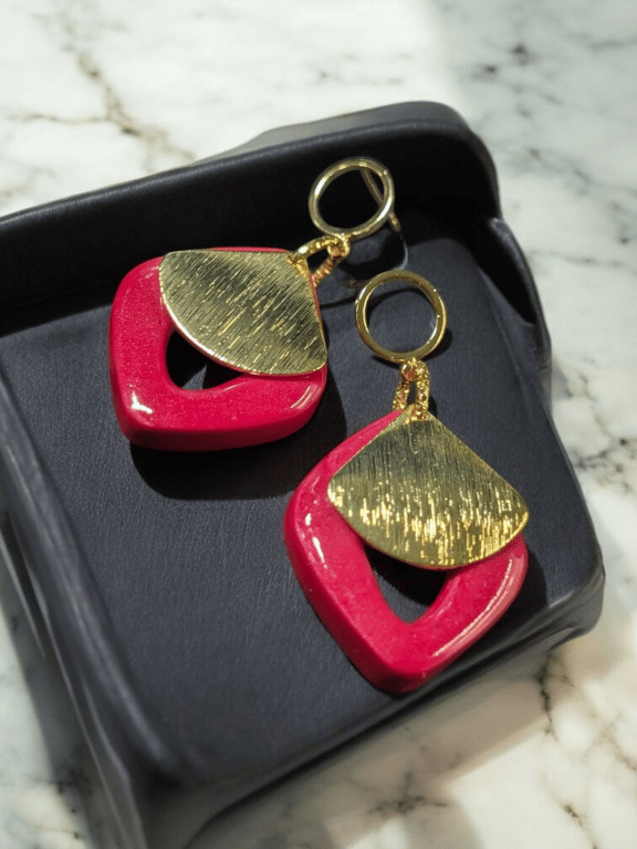 Red Diamond Shaped Handmade polymer clay Earrings with gold findings