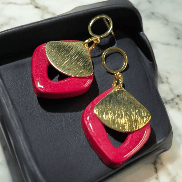 Red Diamond Shaped Handmade polymer clay Earrings with gold findings