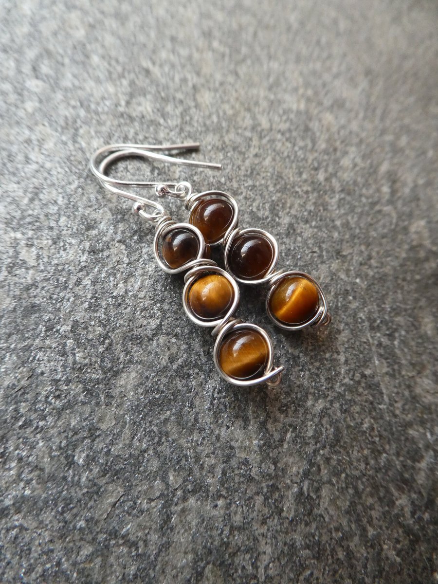 tigers eye sterling silver earrings, tiger eye drop earrings in silver