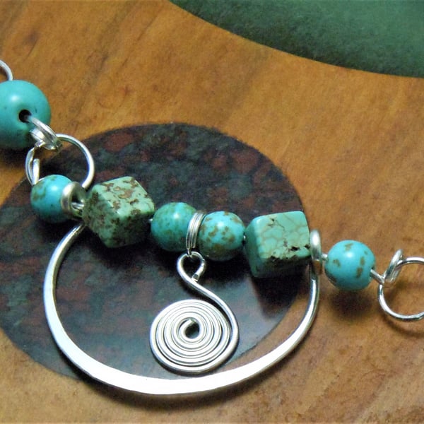 Handcrafted wirework African turquoise necklace with scallop shape pendant 