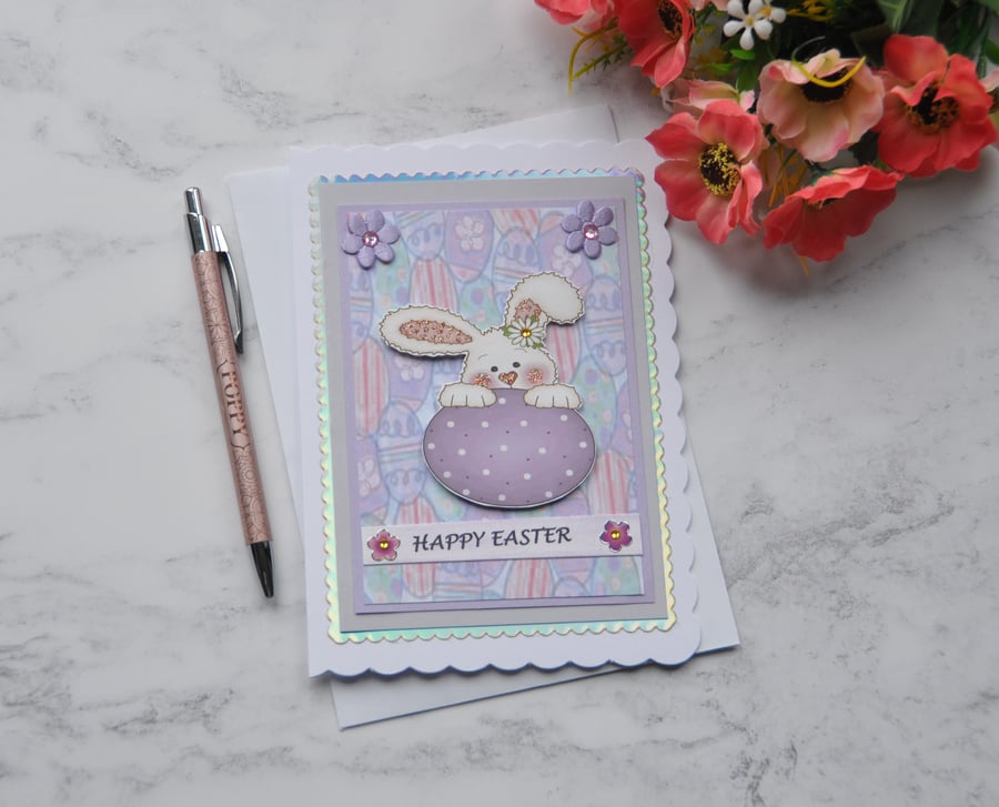 Easter Card Cute Bunny Rabbit Purple Lilac Easter Egg 3D Luxury Handmade Card
