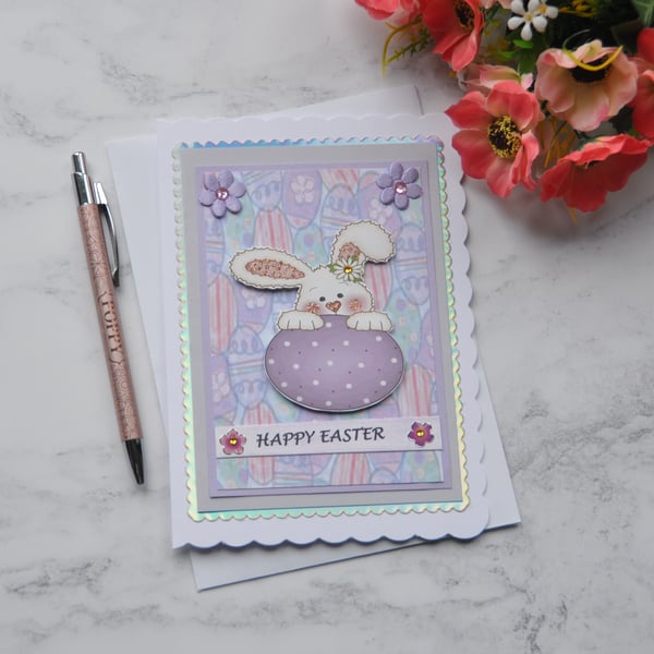 Easter Card Cute Bunny Rabbit Purple Lilac Easter Egg 3D Luxury Handmade Card