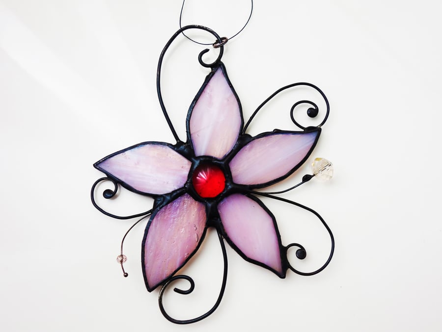 Pink Floral Stained Glass Lily Sun Catcher - Home Garden Deco