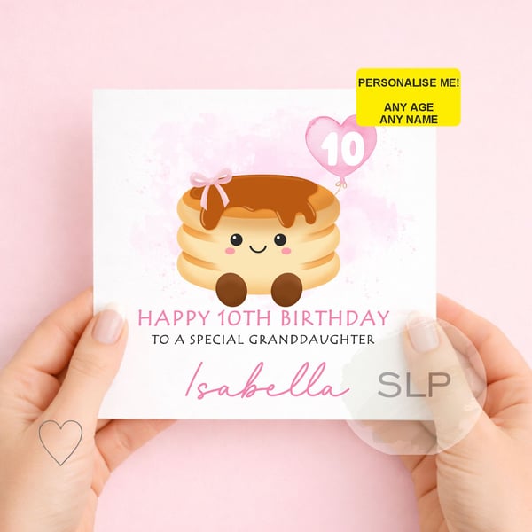 Personalised Girls Birthday Card Cute Pancake Cake Card Custom Age & Name