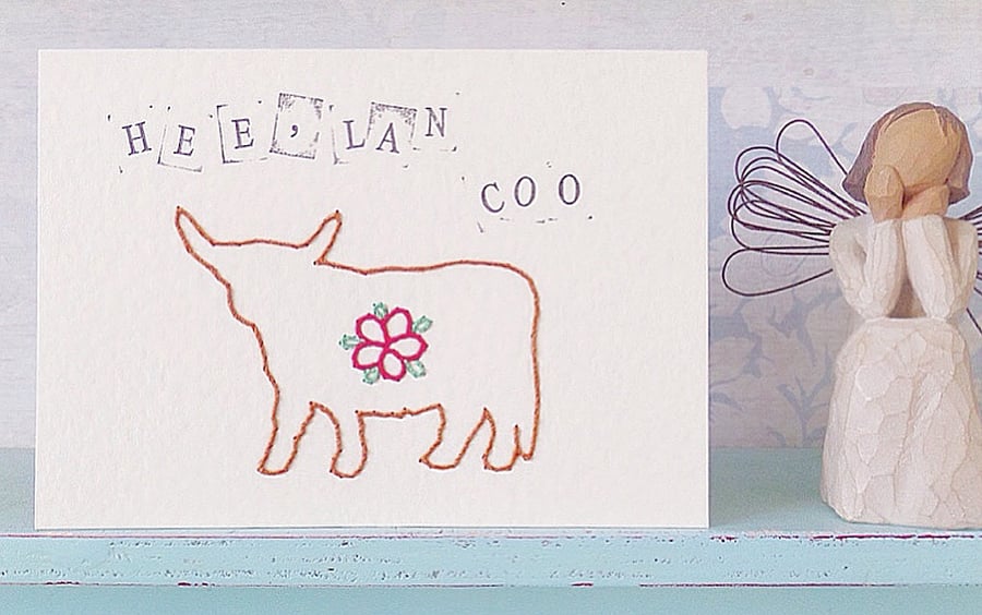 Highland Cow Card. Hand Sewn Card. Blank Card. Christmas Card. Scottish Card.